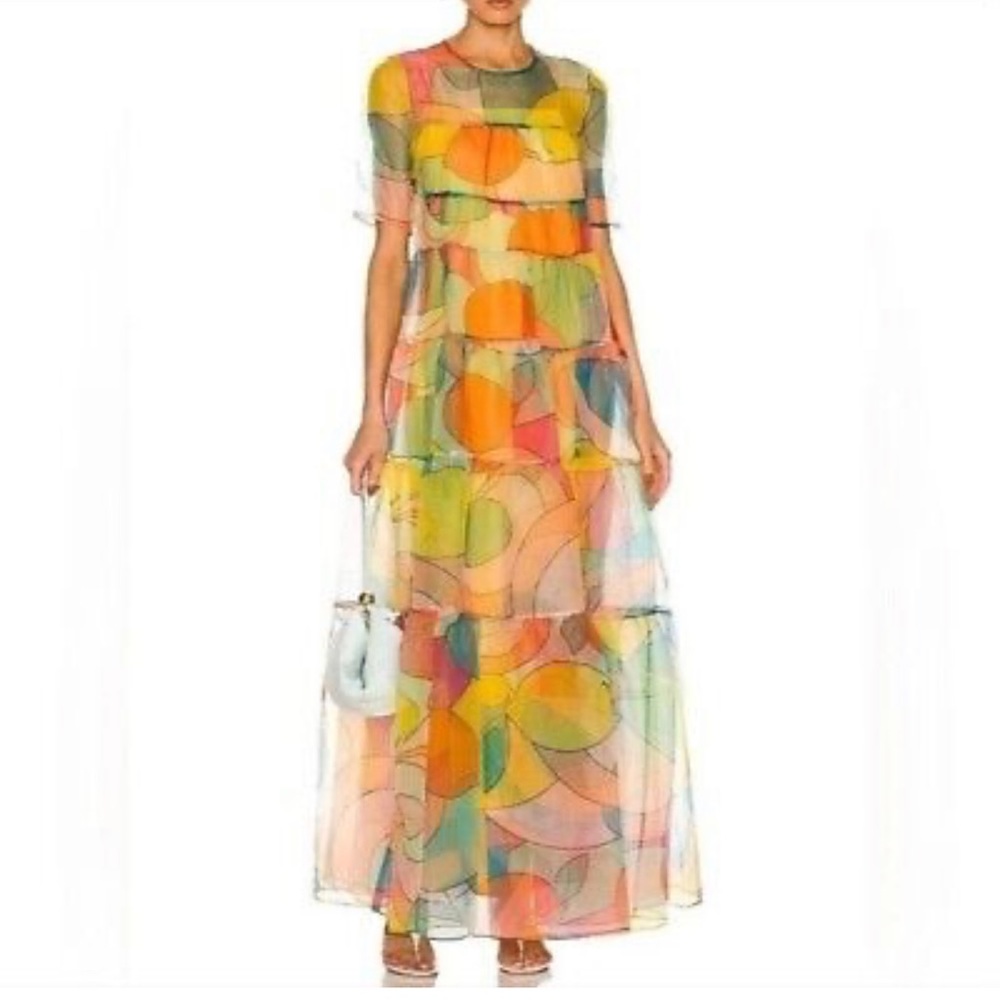 STAUD, Hyacinth Tiered Abstract-Print Maxi Dress, Size SM Excellent Condition